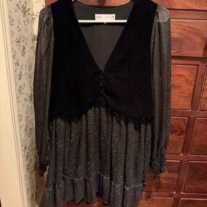 Zara Black Velvet & Sheer Glitter Mini Dress – Long Sleeve Party Dress